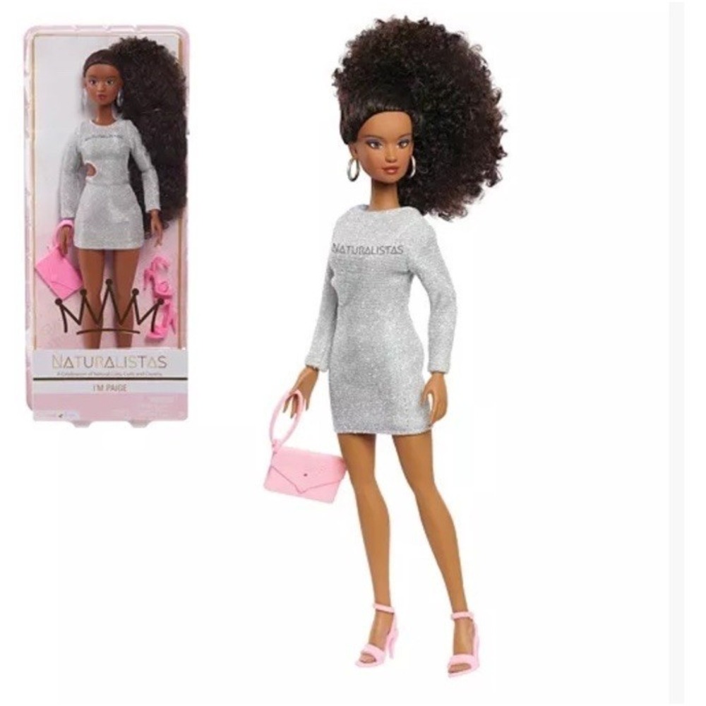 Naturalistas Dark Skin Fashion Dolls Paige Silver Dress Side Ponytail